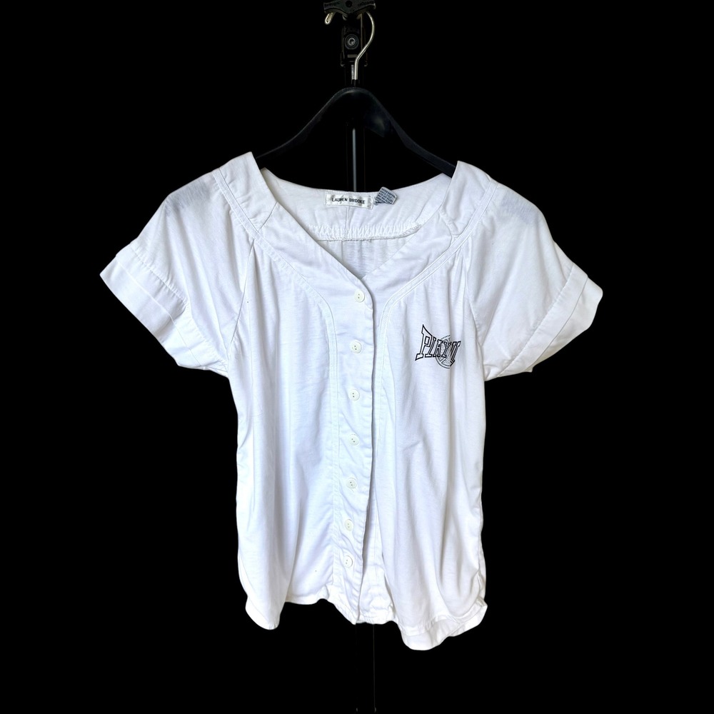 80's Lauren Brooke White Play‎ Ball Baseball Button Up Jersey Womens Medium
